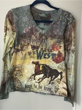 Bit & Bridle Brown and Teal Floral western V-Neck Top